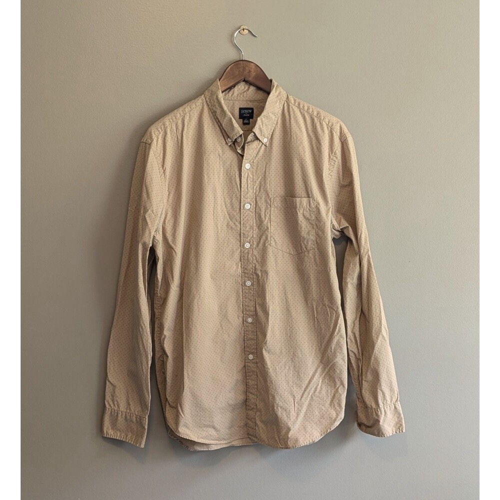 J. Crew Flex Mens Large L Tan Polka Dot Button Down Shirt Long Sleeve Stretch - Picture 2 of 6